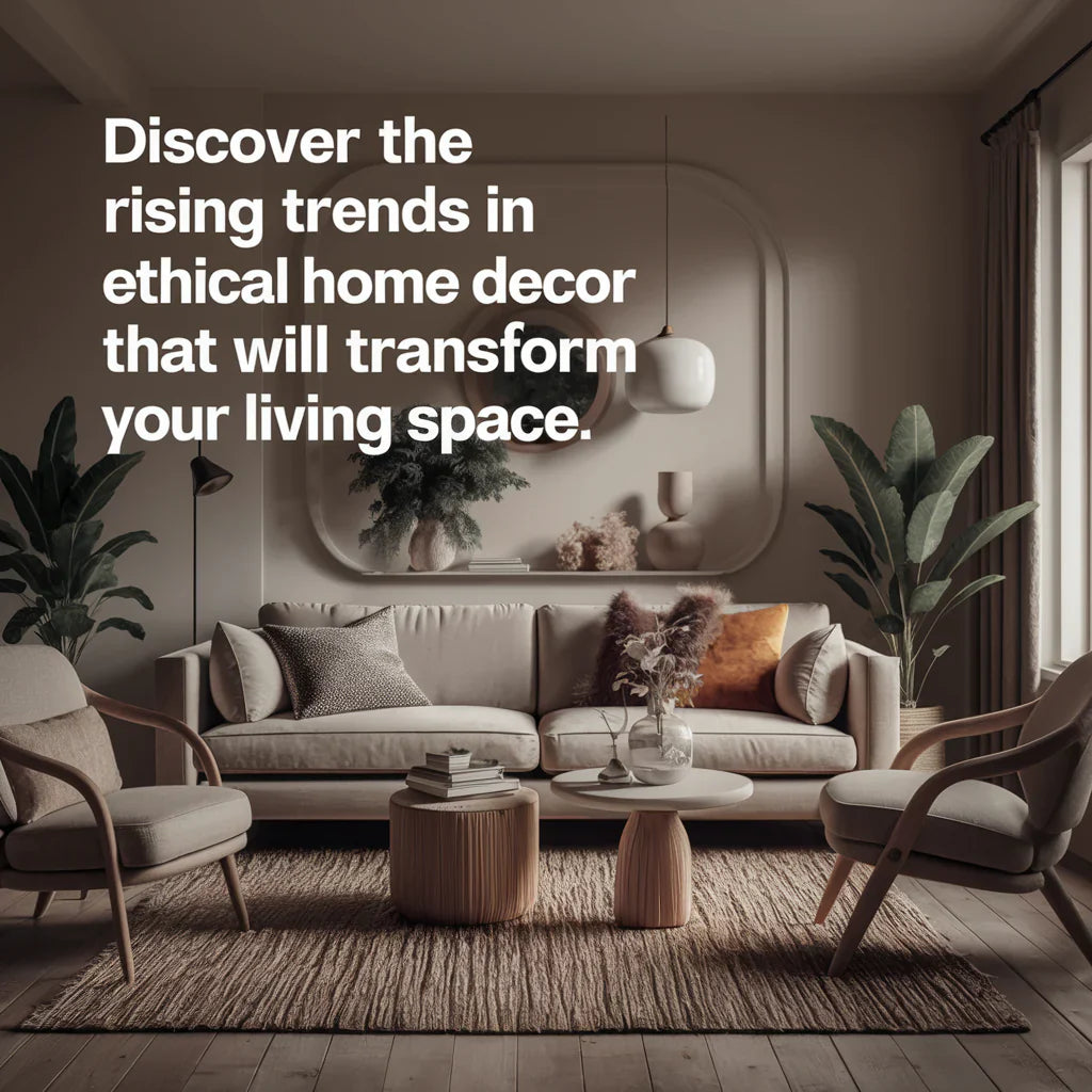 An eye-catching cover image featuring a beautifully designed living room with modern, ethical home decor elements. The room exudes warmth and sophistication, blending sustainable materials and eco-conscious choices.