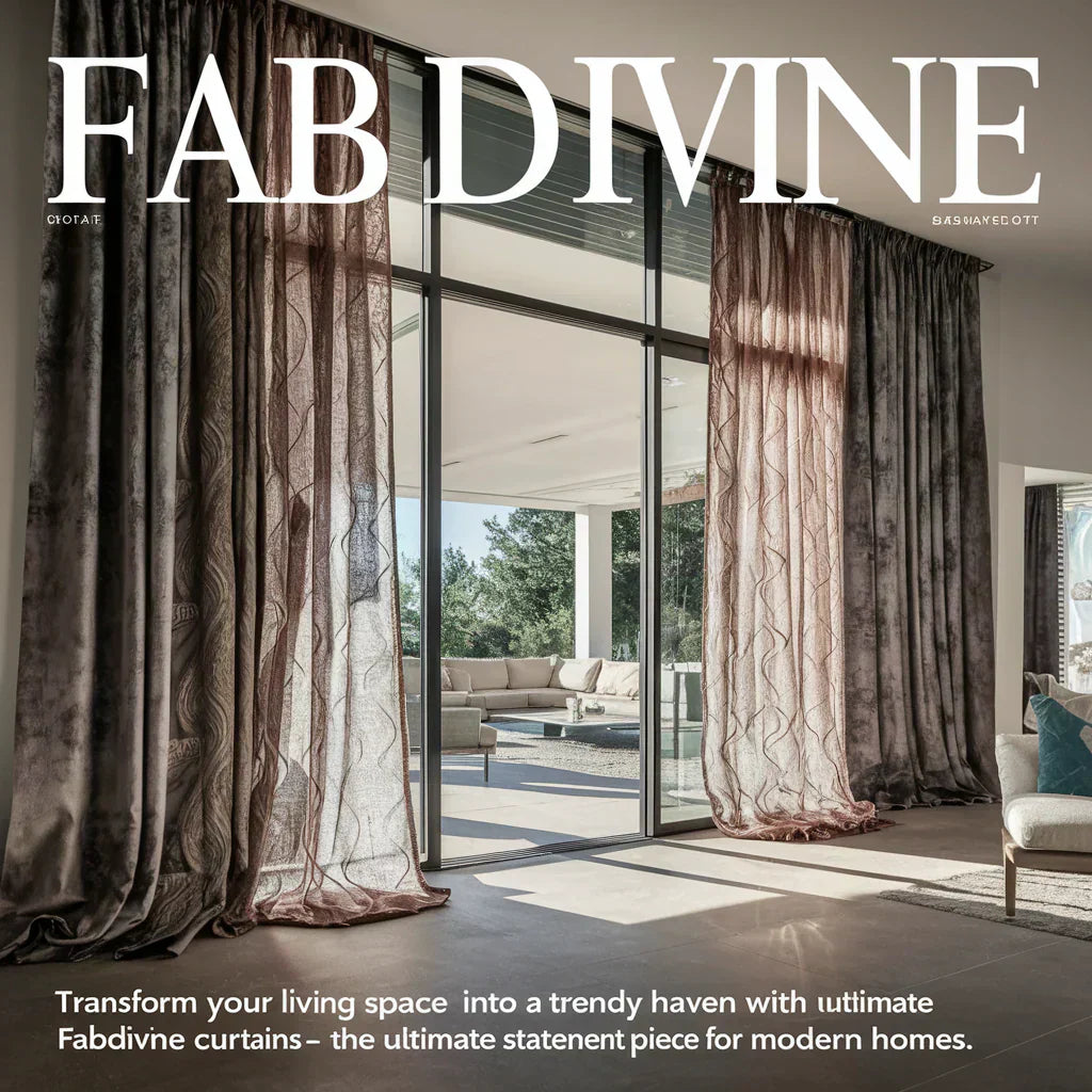 showcasing a modern home with FabDivine Curtains elegantly draped across large floor-to-ceiling windows. The curtains feature unique patterns and luxurious textures, adding a touch of sophistication to the space.