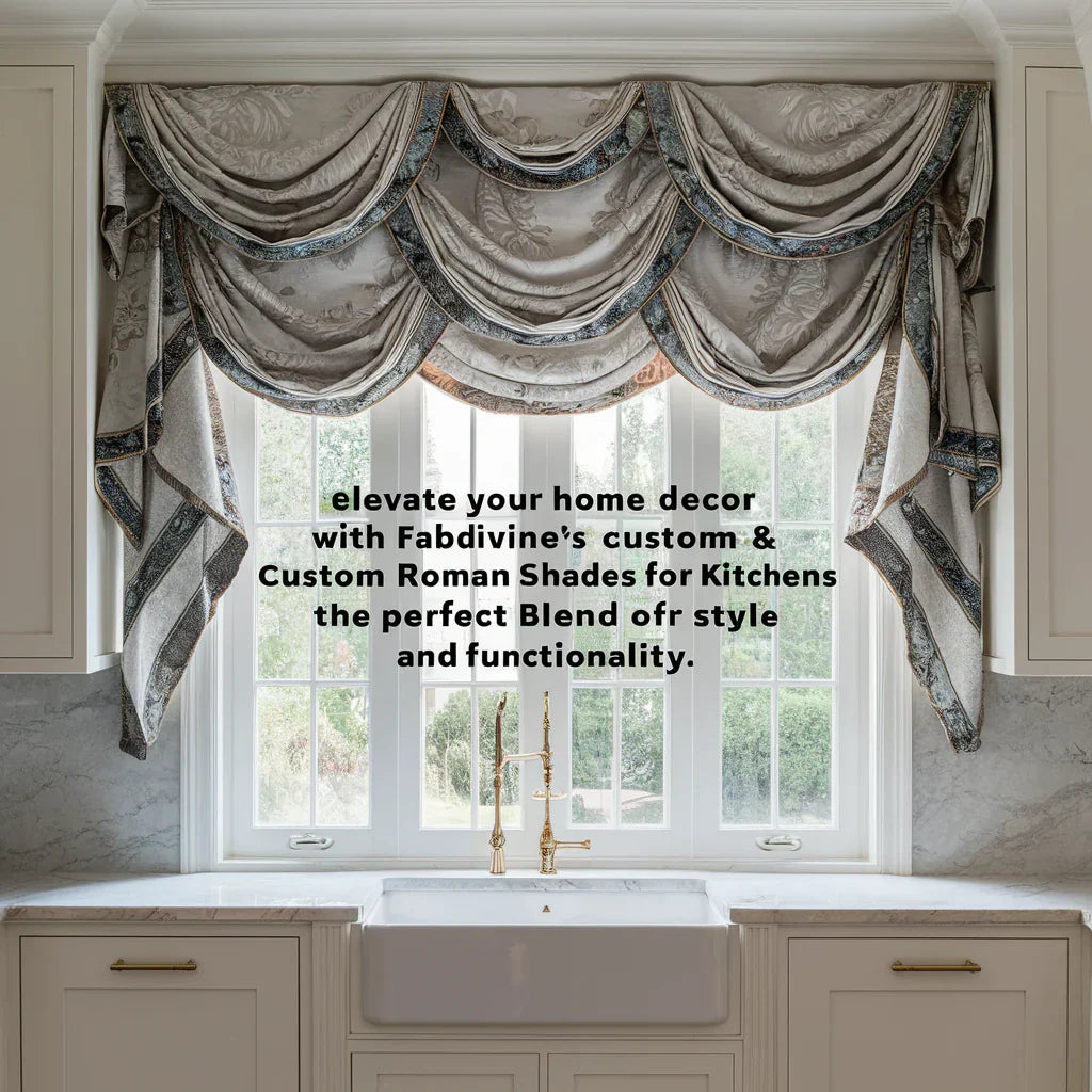 A stunning cover image featuring a beautifully designed custom Roman shade draped elegantly over a pristine kitchen window. 