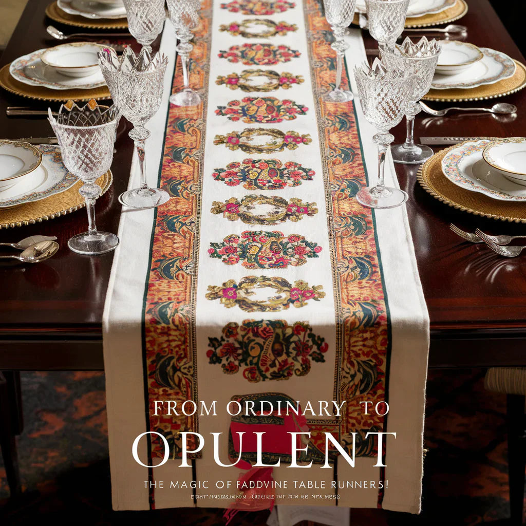 The Magic of FabDivine Table Runners!" The cover features a luxurious table setting, with a stunning block print table runner at the center. The pattern on the runner is intricate and vibrant, adding a touch of sophistication to the scene.