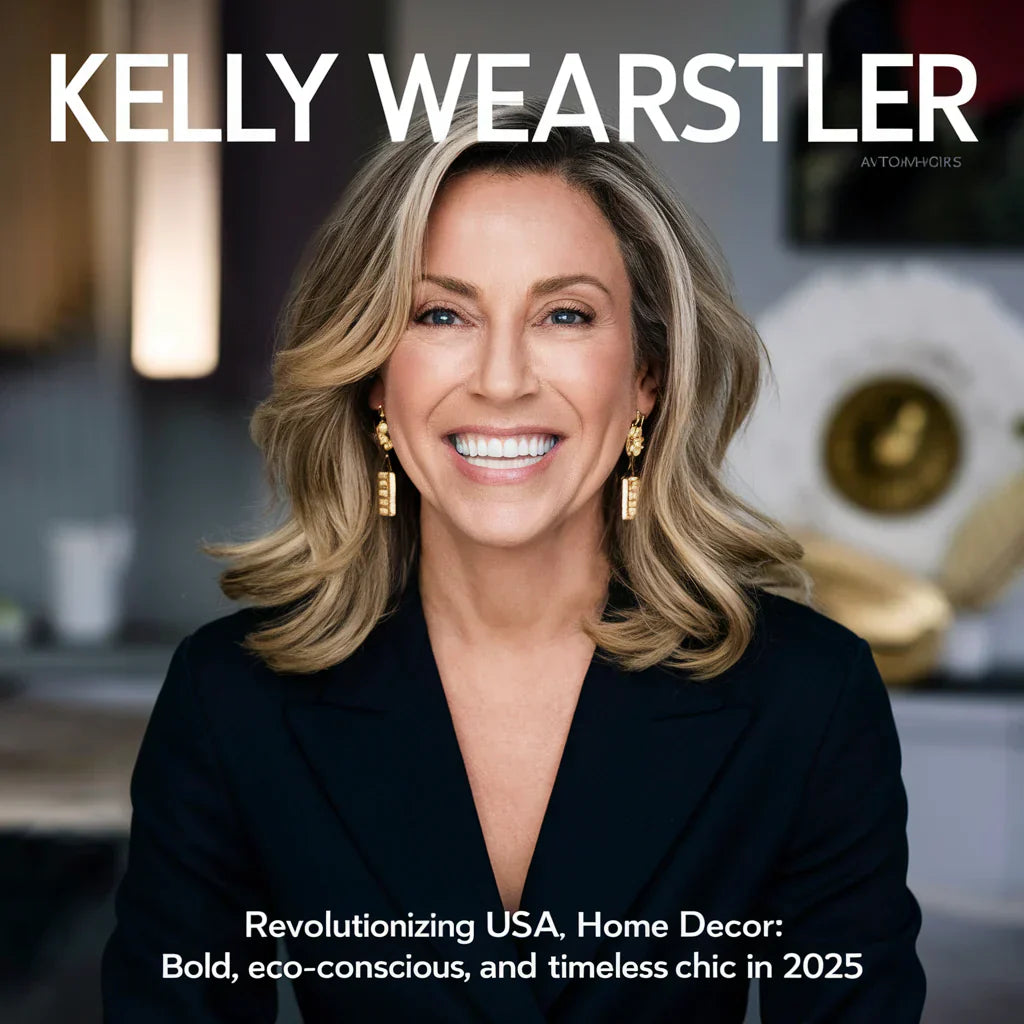 A stunning and contemporary cover image featuring renowned interior designer Kelly Wearstler, her radiant smile illuminating the frame. With a backdrop of her latest innovative design projects