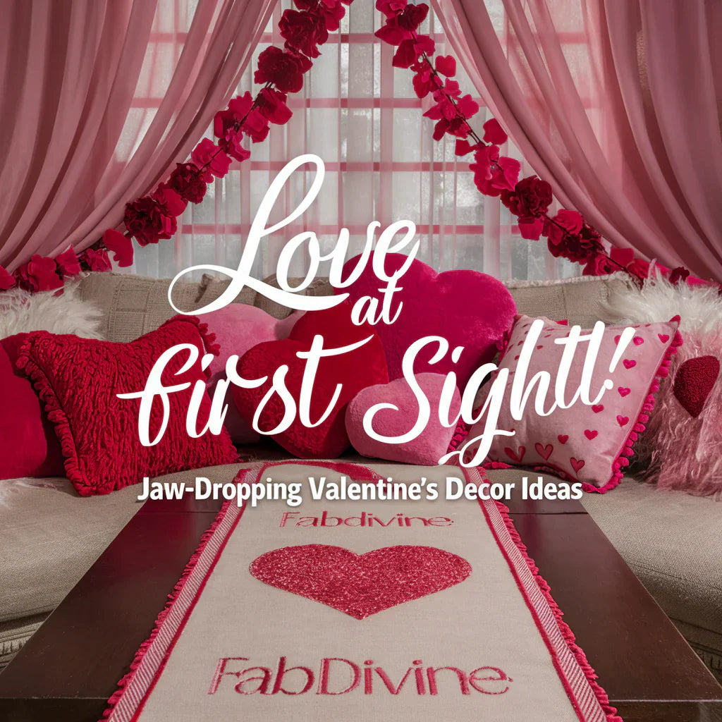 image  showcases a cozy living room adorned with plush pink and red heart-shaped pillows, flowing curtains, and a stunning table runner .