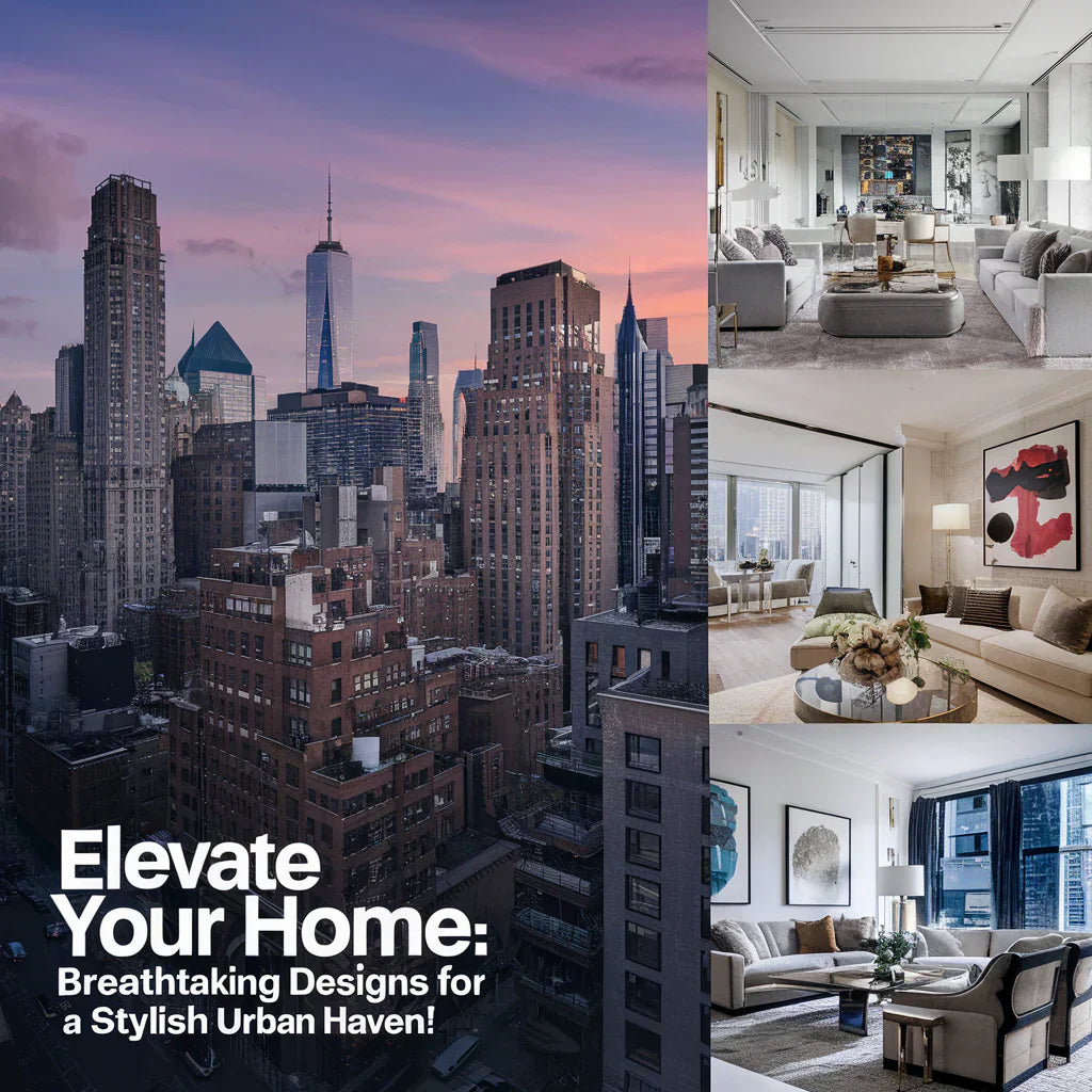 A captivating cover image showcasing a luxurious New York-style apartment transformation. The image features a sleek, modern living space with elegant furniture, bold artwork, and stunning city skyline views. 