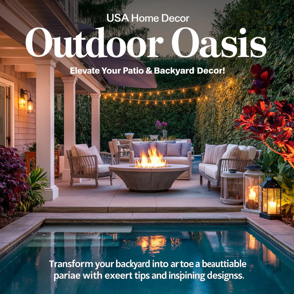 An eye-catching and alluring cover image for "Outdoor Oasis: Elevate Your Patio & Backyard Decor!" by USA Home Decor, featuring a beautifully designed outdoor space. 