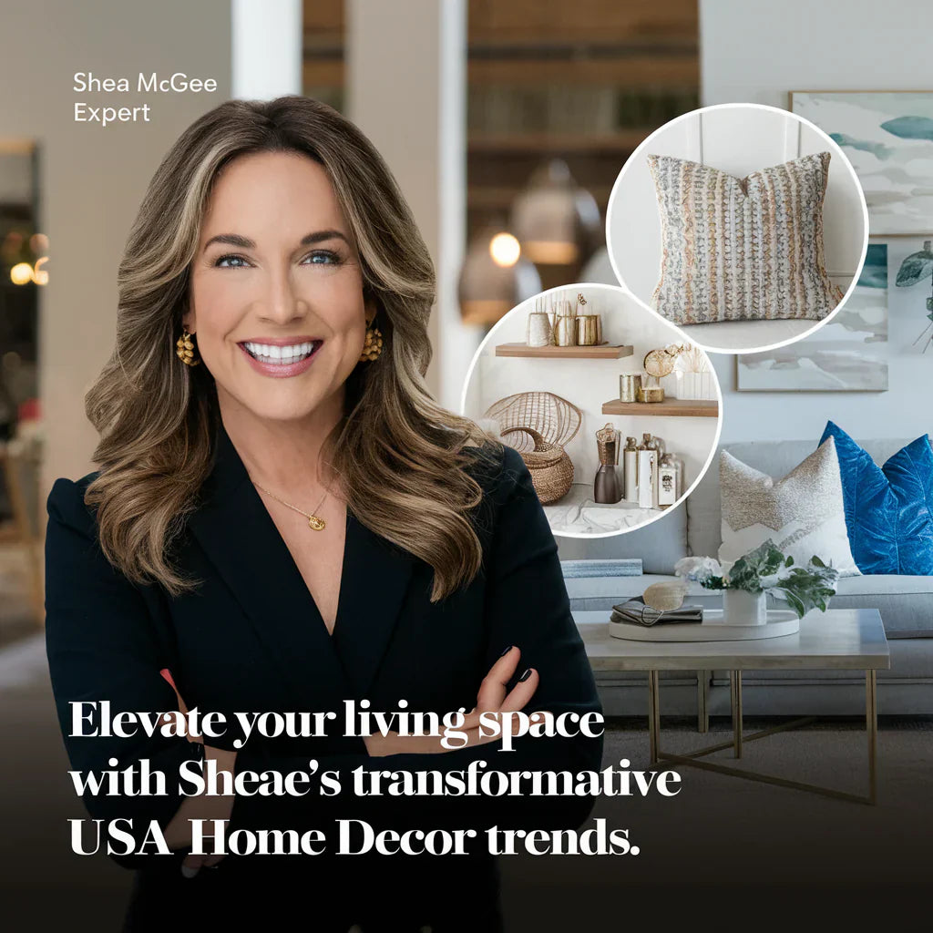 A captivating cover image featuring Shea McGee, the home decor expert, smiling confidently in front of a stylish and inviting living space. The background showcases a blend of modern and cozy design elements, with a spotlight on trendy home decor items.