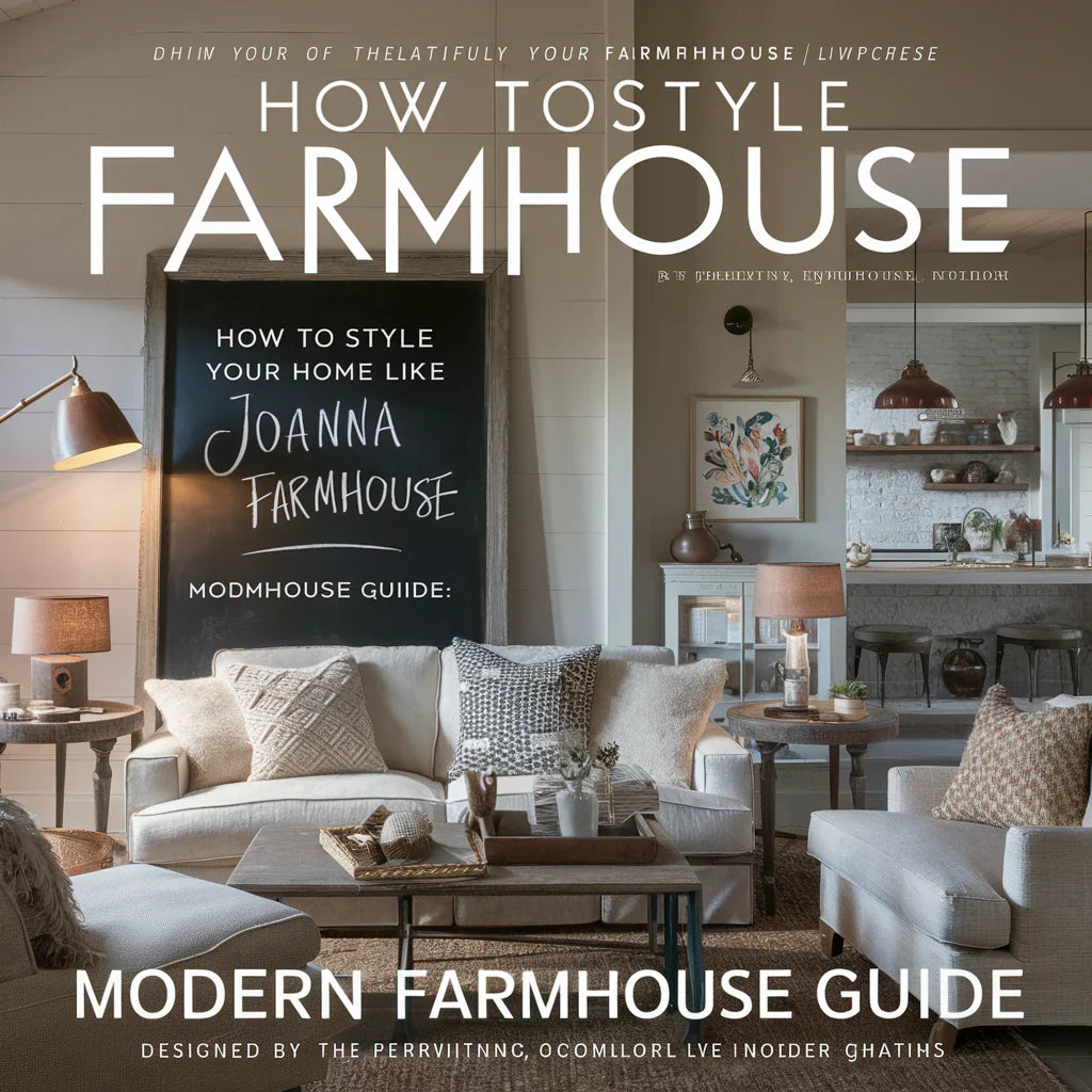 An eye-catching cover image featuring a beautifully styled modern farmhouse living space, designed by Joanna Gaines. The color palette includes soft neutrals with pops of warm accents, creating a cozy and inviting atmosphere.