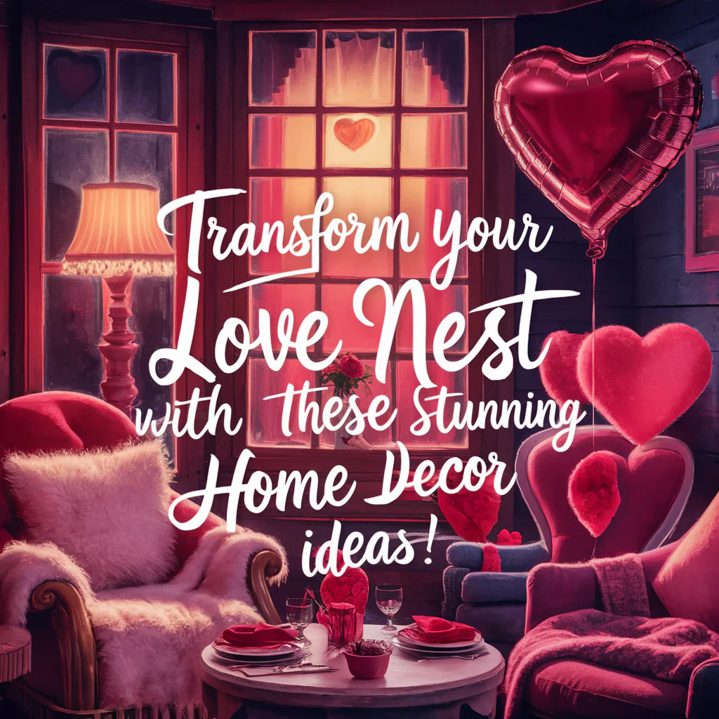 The image showcases cozy furniture, a heart-shaped balloon, and a table setting for two, all adorned with red and pink accents.