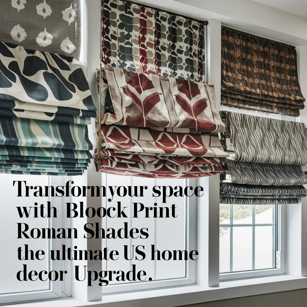 A captivating cover image featuring five stylish block print Roman shades, showcasing diverse patterns and colors. The Roman shades are elegantly draped on a modern white window frame. In bold, eye-catching lettering