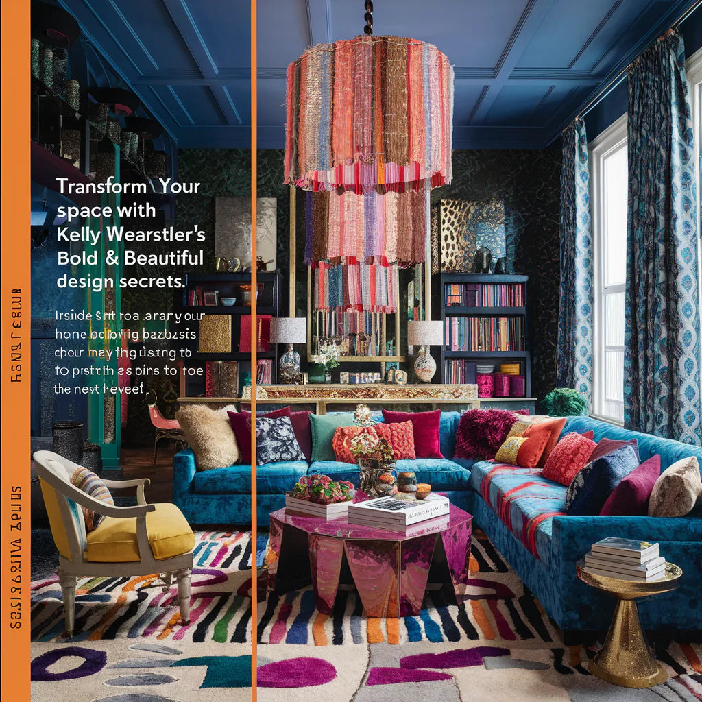 A stunning and eye-catching cover image featuring a vibrant and eclectic home interior, inspired by the renowned designer Kelly Wearstler. The image showcases a diverse mix of patterns, textures, and colors, with a touch of luxurious glamour