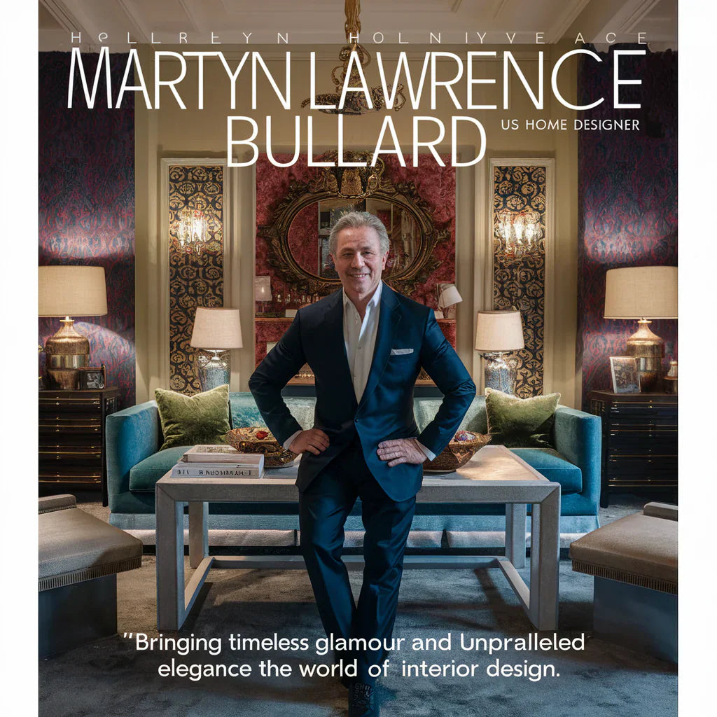 An enticing and elegant cover image featuring Martyn Lawrence Bullard, Hollywood's go-to designer, posing confidently in front of a stunning, luxurious home interior. 