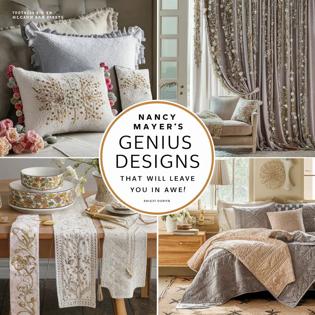 A captivating cover image showcasing Nancy Mayer's "Genius Designs That Will Leave You in Awe!" featuring an array of stunning home decor items. The attractive layout includes an inviting pillow cover with intricate embroidery