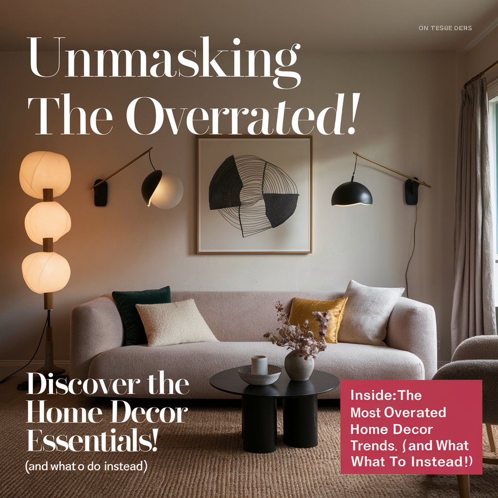 An eye-catching cover image featuring a stylish living room, with an attractive sofa, unique lighting, and modern artwork. The one-line title reads: "Unmasking the Overrated: Discover the Real Home Decor Essentials!