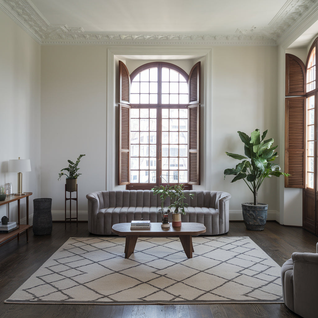 A photo of a living room with a modern aesthetic. The room features a plush grey sofa, a wooden coffee table, and a potted plant. The walls are painted white, and there is a large window with wooden shutters. The floor is made of dark wood. 