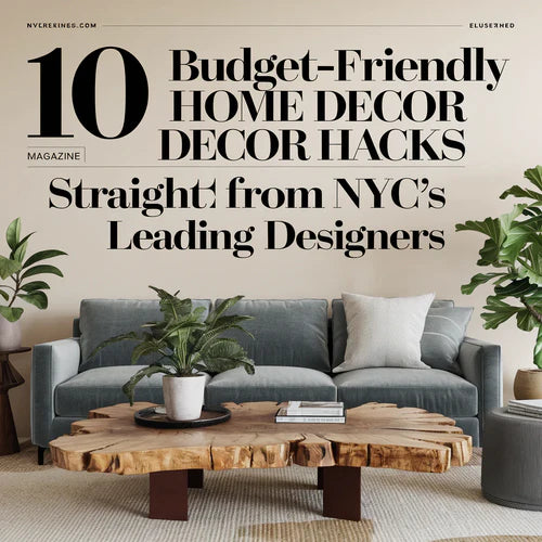 A cover image of a magazine with the title "10 Budget-Friendly Home Decor Hacks Straight from NYC's Leading Designers".