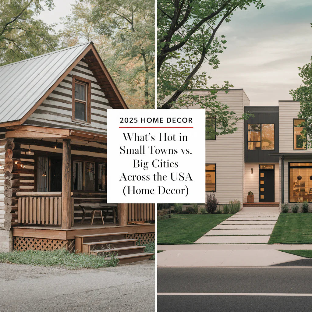 A photo of a small town and a big city in the USA, with the text "2025 Home Decor: What's Hot in Small Towns vs. Big Cities Across the USA (home decor)". There is a log cabin in the small town, with a porch, wooden steps, and a rustic charm