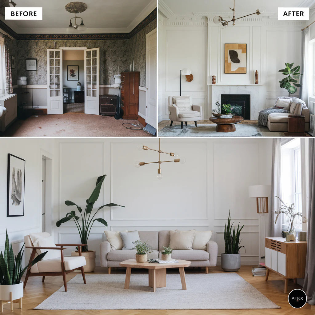 A before and after photo of a home makeover. The before photo shows a room with outdated decor, including wallpaper, furniture, and light fixtures. The after photo shows the same room with a modern, minimalist design.