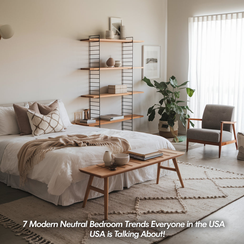 A photo of a modern neutral bedroom with a white bed, wooden shelves, a grey armchair, and a rug. There's a plant in the corner. The lighting is soft. The text "7 Modern Neutral Bedroom Trends Everyone in the USA Is Talking About!"