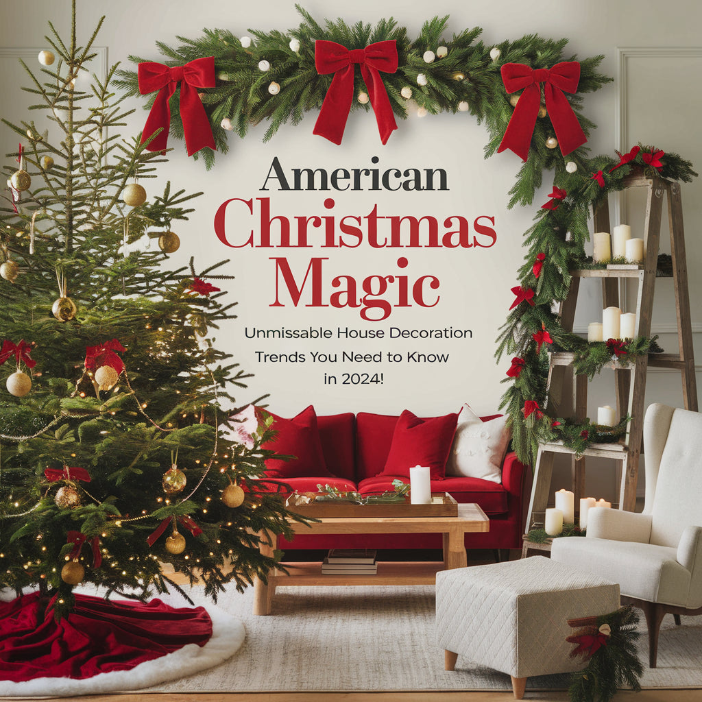 A cover image of a home decor book titled "American Christmas Magic: Unmissable House Decoration Trends You Need to Know in 2024!". The cover image features a beautifully decorated Christmas tree with gold ornaments, red bows, and white lights