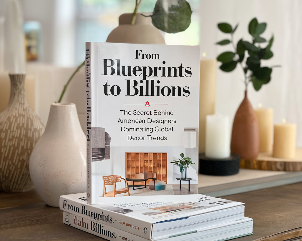 A photo of a book titled "From Blueprints to Billions: The Secret Behind American Designers Dominating Global Home Décor Trends". The book is placed on a wooden surface. 