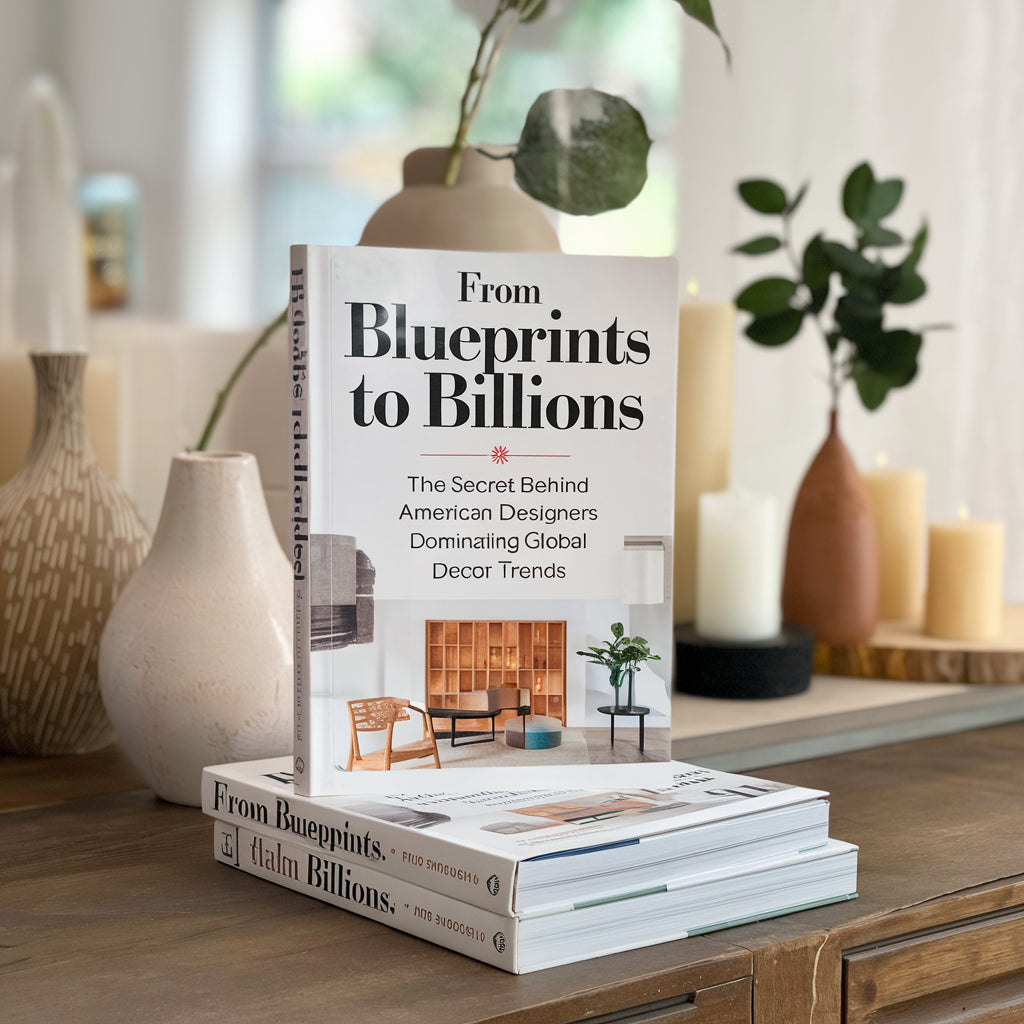 A photo of a book titled "From Blueprints to Billions: The Secret Behind American Designers Dominating Global Home Décor Trends". The book is placed on a wooden surface. 