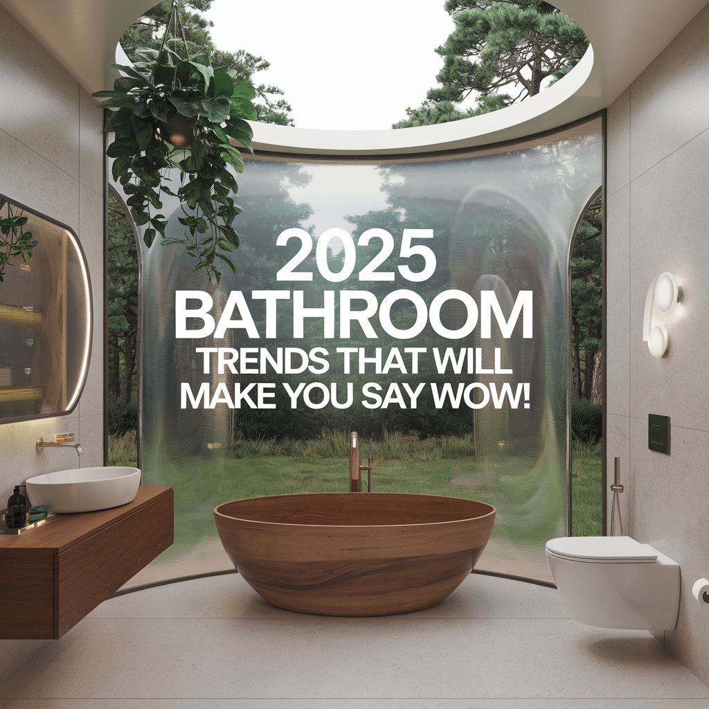 A cover image of a magazine spread on 2025 Bathroom Trends That Will Make You Say WOW!(home decor). The image is of a futuristic bathroom with a curved, transparent wall that offers a view of a lush green forest. 