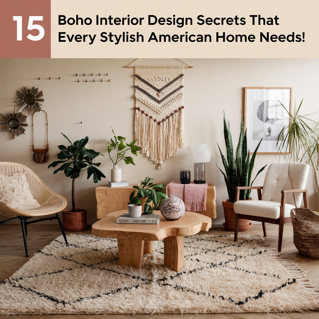 A boho-style living room with a plush rug, a wooden coffee table, and a few chairs. There are also some potted plants, a wall hanging, and a few decorative items. The background is a wall with a few nails and a photo frame.