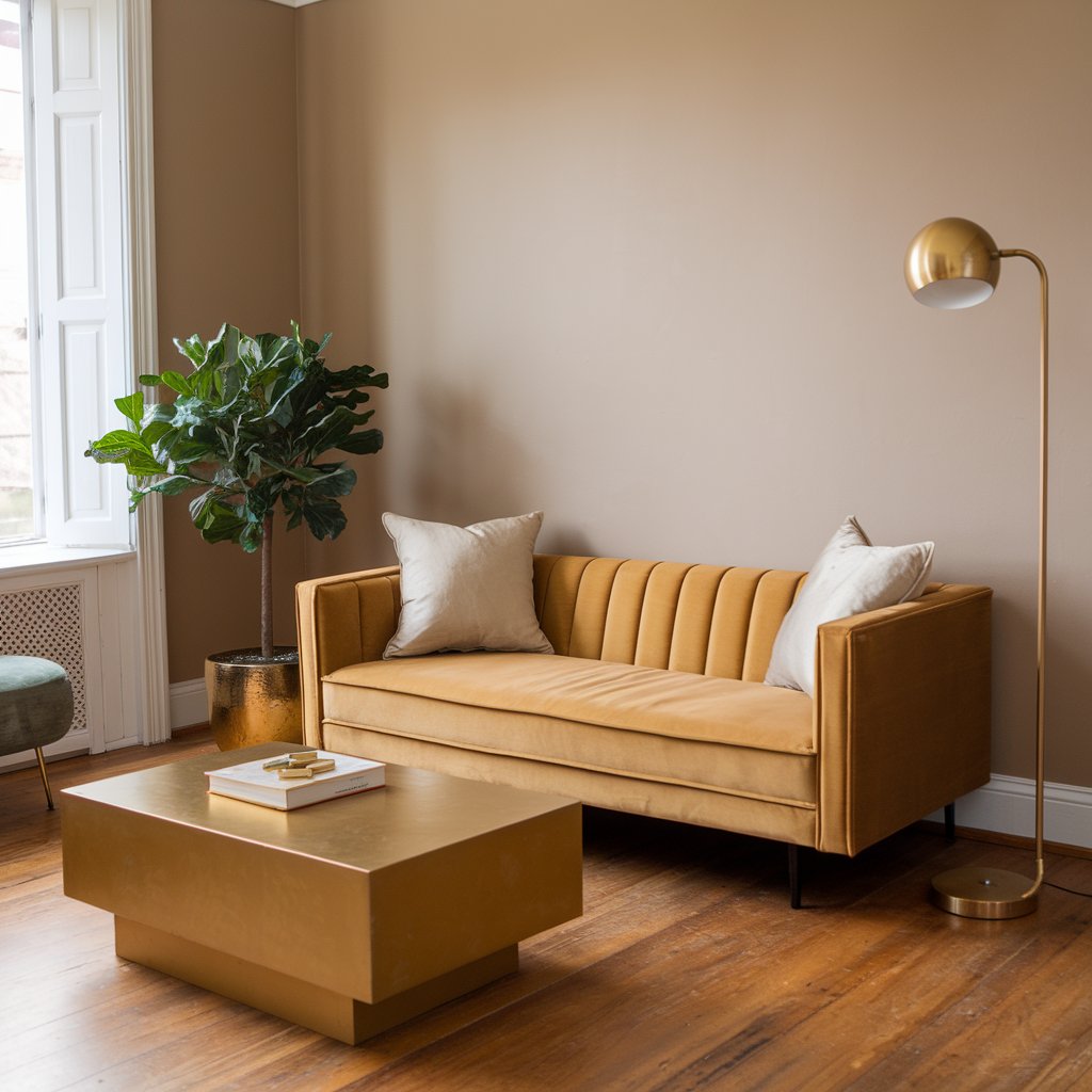 A photo of a living room with a gold couch, a gold coffee table, and a gold floor lamp. There is a plant in a gold pot near the window. The walls are painted in a beige shade