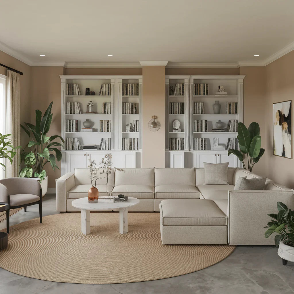 A photo of a family room with a modern design. There is a large, beige sectional sofa with a few pillows. A white coffee table is placed in front of the sofa. A few potted plants are scattered around the room