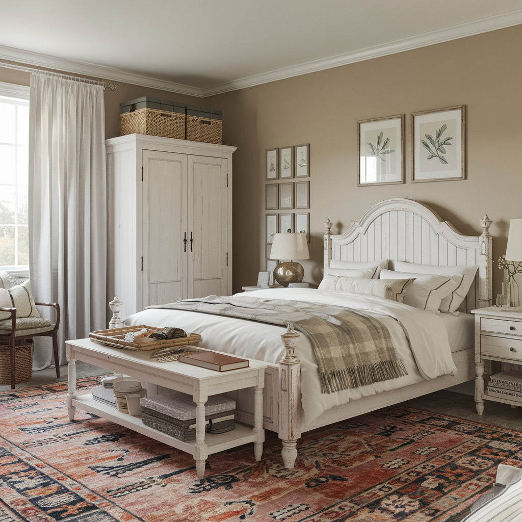 A photo of a bedroom with farmhouse decor. The room has a white wooden bed with a headboard and footboard