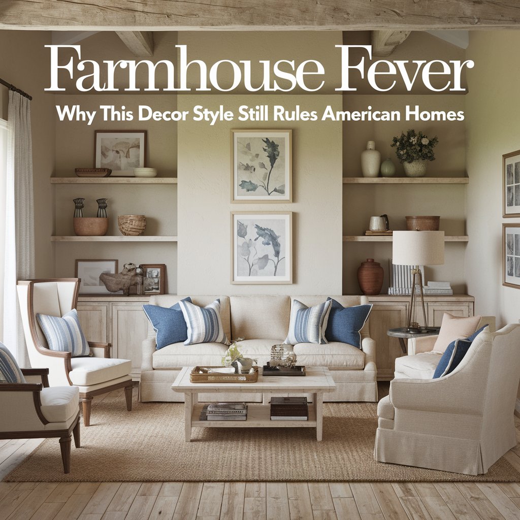 A cover picture of a rustic farmhouse living room. There's a beige sofa with blue cushions, a few chairs, a coffee table, and a lamp. The walls are painted beige, and there are shelves with decorative items.