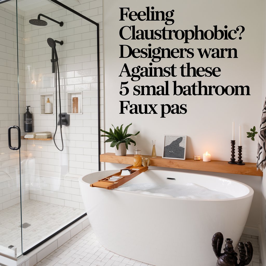 A photo of a modern bathroom with a glass shower enclosure and a freestanding bathtub. The bathtub is filled with bubbles and has a potted plant inside. There's a wooden shelf above the bathtub with a few items.