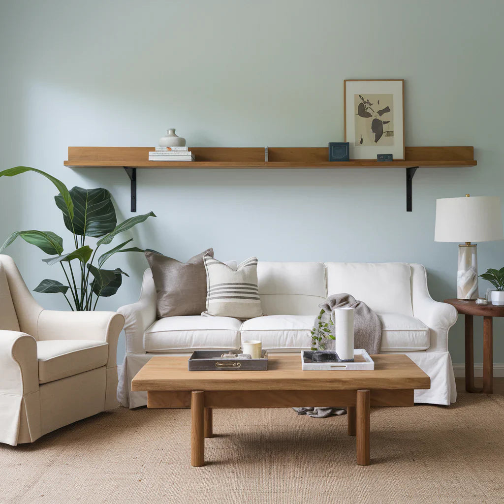 A photo of a living room with a white sofa, a beige armchair, a wooden coffee table, and a green plant. There is a wooden shelf above the sofa, holding a few items. The wall behind the sofa is painted in a light blue hue.