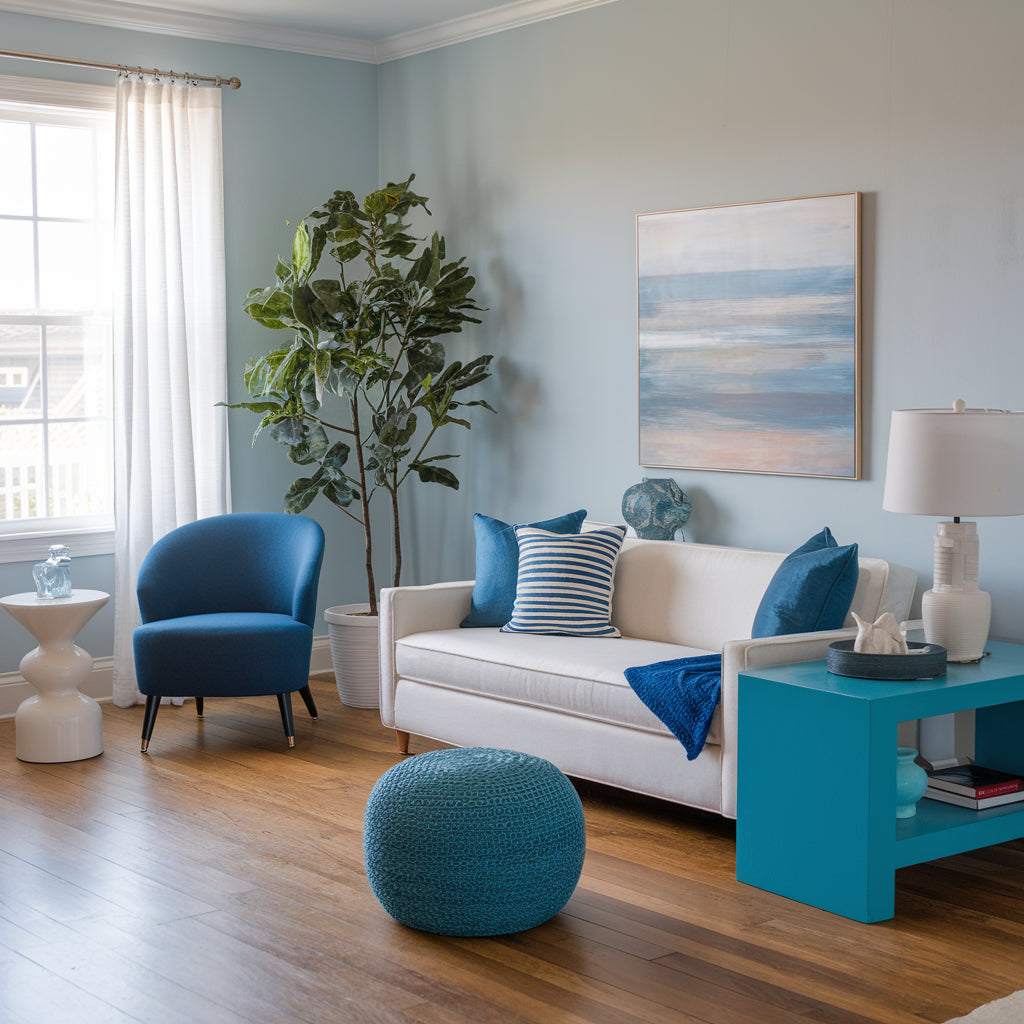 A photo of a living room with a beach vibe. There's a white sofa with blue cushions and a few decorative items on it. There's a blue chair with a white side table next to it. A potted plant stands near the window.