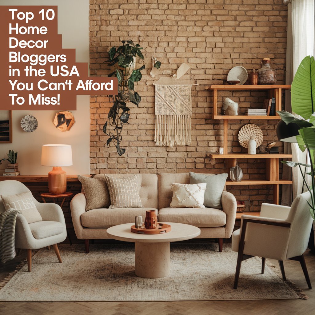 A beautiful home decor image of a cozy living room with a brick wall, a wooden shelf, a beige sofa, a white chair, a round table, a lamp, and a few decorative items. There's a large plant in the corner