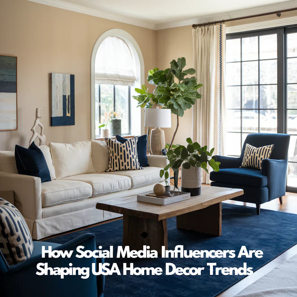 A photo of a beautifully styled living room with a cream sofa, navy blue armchair, a wooden coffee table, and a plant. There's a navy blue rug and a few decorative items on the coffee table. The walls are painted beige and have a few pieces of artwork.