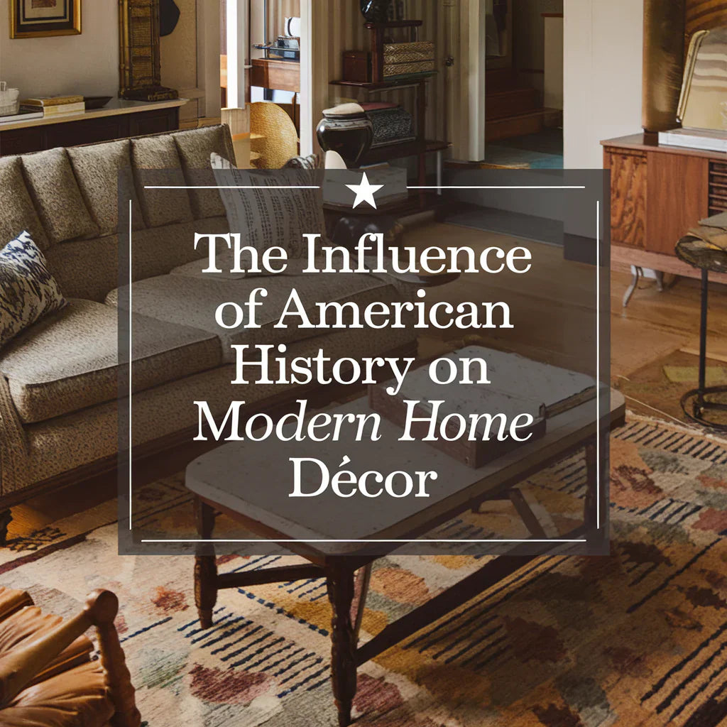 A cover image of a book on the influence of American history on modern home decor. The image features a living room with a sofa, a coffee table, and a decorative item.