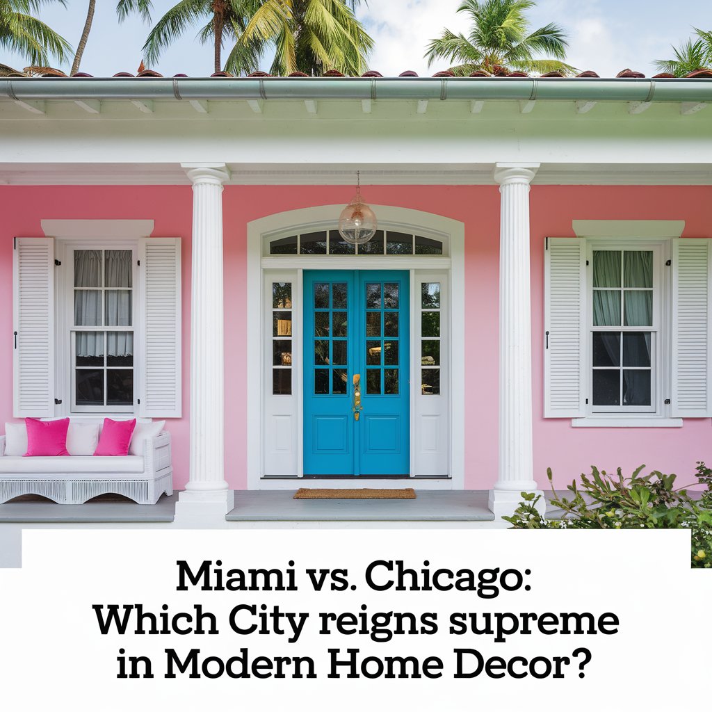 A cover picture of a Miami-style home with pink walls, white columns, and a bright blue door. There is a white couch with pink pillows on the porch. The background contains palm trees.