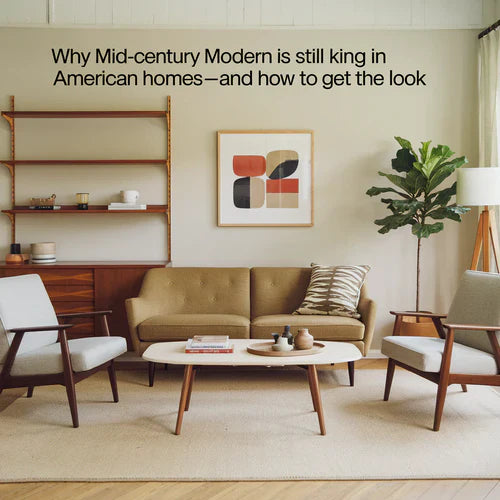 A photo of a mid-century modern living room with a sofa, chairs, a coffee table, and a plant. The walls are painted a light beige color, and there are wooden shelves and a lamp in the background.