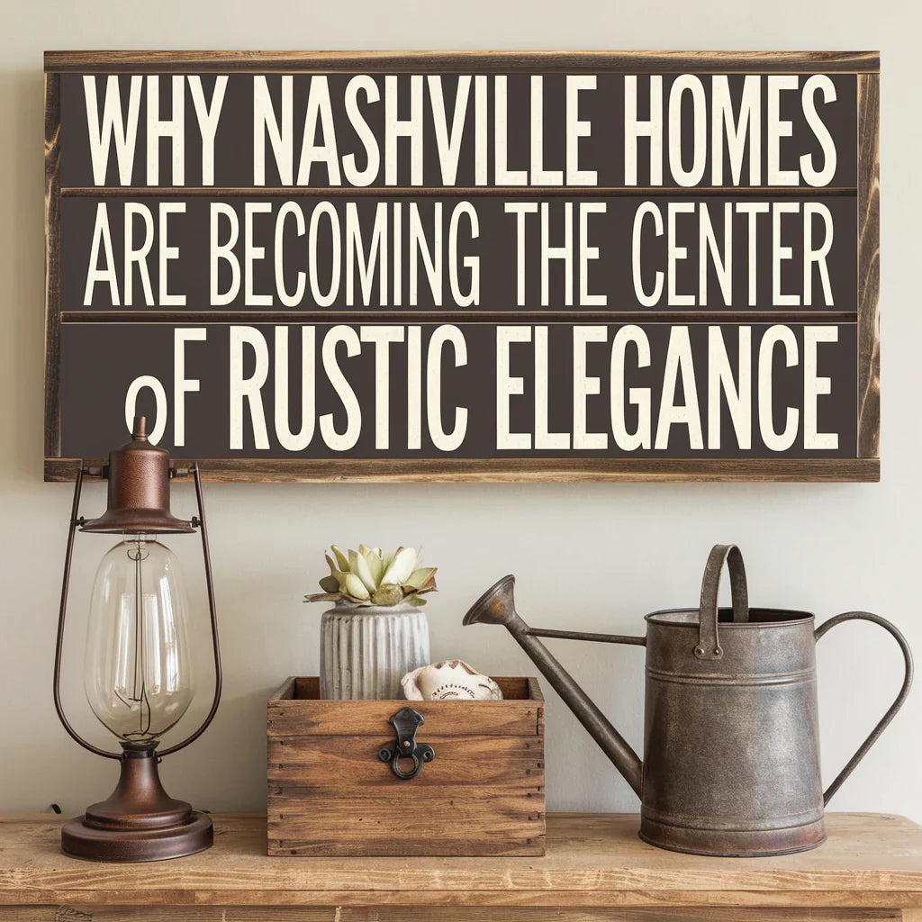 A photo of a rustic elegance home decor with a few elements such as a wooden sign with the text "Why Nashville Homes Are Becoming the Center of Rustic Elegance", a vintage lamp, a wooden box, and a watering can