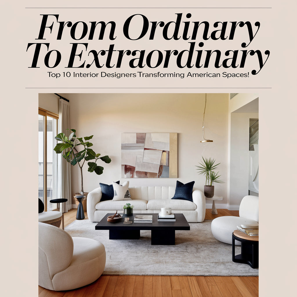 A cover image of a home decor magazine with the title "From Ordinary to Extraordinary: Top 10 Interior Designers Transforming American Spaces!". 