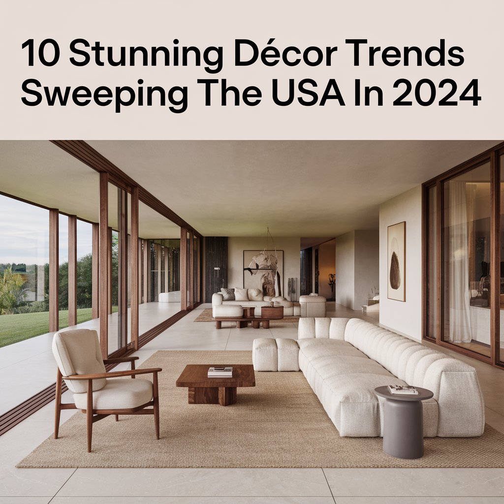 A Pinterest cover image with the text "10 Stunning Décor Trends Sweeping the USA in 2024". The image is of a modern, spacious home with an open floor plan. There is a plush white sofa with a grey side table near the wall. 