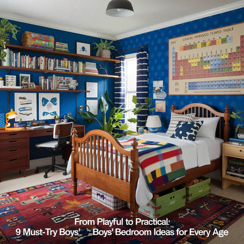 A photo of a vibrant boys' bedroom with a wooden bed, a bookshelf filled with books, and a desk with a chair. The walls are painted with a blue pattern. There's a rug on the floor