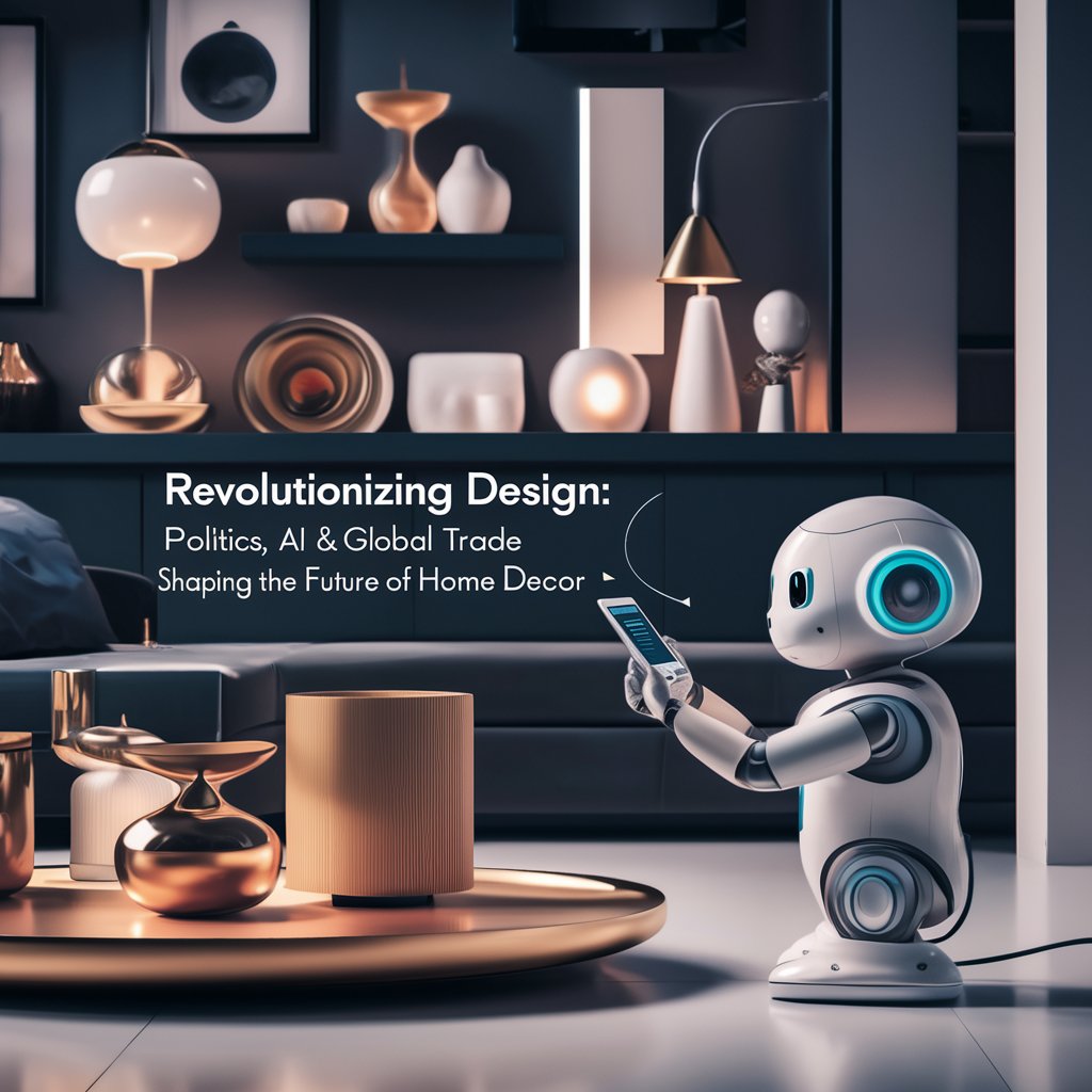 A captivating book cover image featuring a modern, stylish living room with an array of trendy home décor items. In the corner, a small AI robot is interacting with a smart device, symbolizing the integration of technology in home design