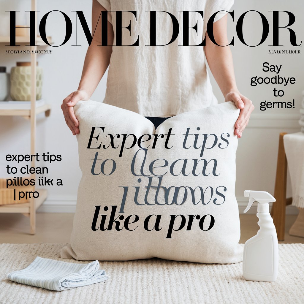 A cover image of a home decor magazine with a one line text "Say Goodbye to Germs! Expert Tips to Clean Your Pillows Like A Pro". The image shows a person holding a pillow.