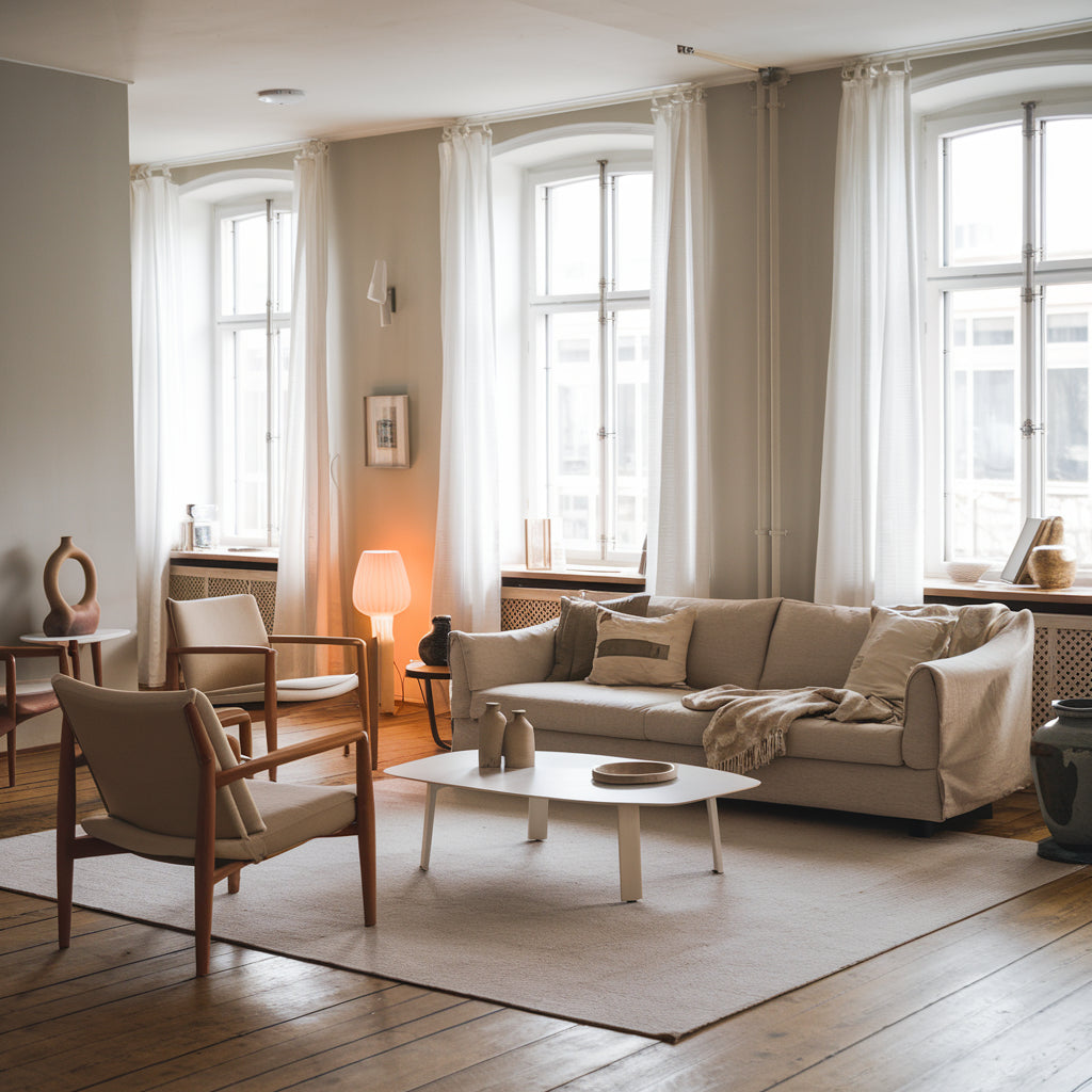 A photo of a stylish Scandinavian living room with a beige sofa, a white coffee table, and a few chairs. There are also a few decorative items, including a vase and a lamp. The room has a wooden floor and large windows with white curtains