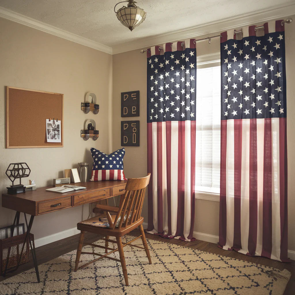 A photo of an attractive home office with a USA flag pillow cover and curtain. The room has a wooden desk, a chair, and a few decorations. The wall has a corkboard and a few photos. 