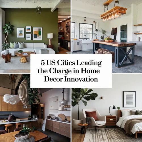 A photo of an attractive home decor cover picture with the text "5 US Cities Leading the Charge in Home Decor Innovation". There's a modern living room with a green wall, a white sofa, and a few plants.