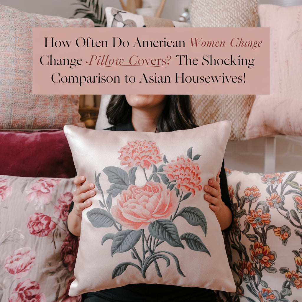 A photo of a woman holding a pillow with a floral design. The background contains other pillows with various patterns.