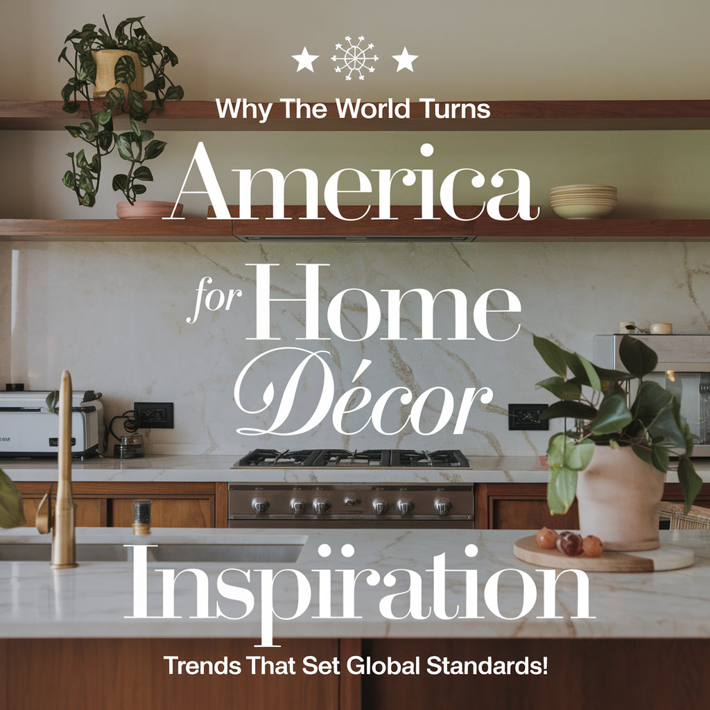 A cover image of a home decor book with the title "Why the World Turns to America for Home Décor Inspiration: Trends That Set Global Standards!". The cover features a modern kitchen with sleek appliances, a marble countertop, and a few potted plants