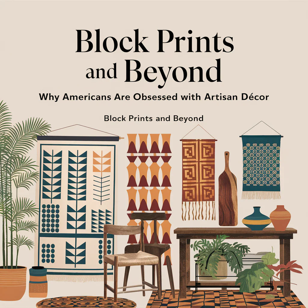 A cover image of a book titled "Block Prints and Beyond: Why Americans Are Obsessed with Artisan Décor". The image is of a rustic wooden block print of a tree. There is a quote on the image that says "Artisan decor is more than just a trend.